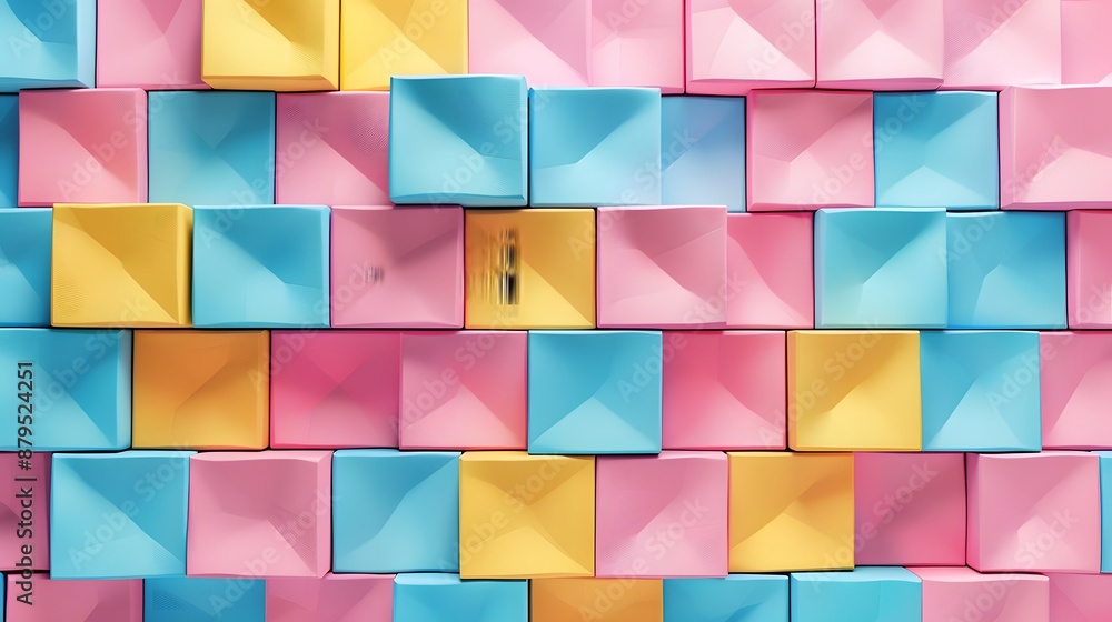 Pink, blue and yellow squares background, 3d rendering of cubes pattern, colorful blocks wall texture backdrop for design. Pink, blue and yellow squares background, 3d rendering of cubes pattern, colorful blocks wall texture backdrop for design.
