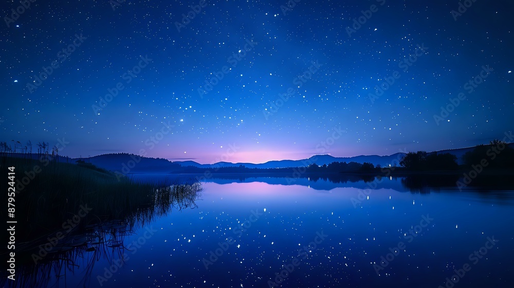 Starry night sky over a calm lake with mountains in the distance, perfect for nature, nightscape, and tranquil-themed design projects. Captures the essence of serenity and natural beauty. Starry night sky over a calm lake with mountains in the distance, perfect for nature, nightscape, and tranquil-themed design projects. Captures the essence of serenity and natural beauty.