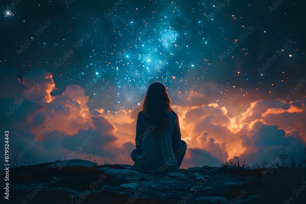 Silhouette of a woman sitting on a hilltop, gazing at a starry sky with dramatic clouds illuminated by the setting sun. Ideal for themes of contemplation, nature, and inspiration. Silhouette of a woman sitting on a hilltop, gazing at a starry sky with dramatic clouds illuminated by the setting sun. Ideal for themes of contemplation, nature, and inspiration.