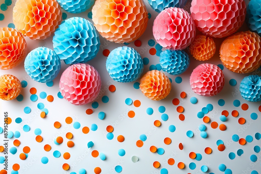 A group of colorful paper pom poms on a white background. A group of colorful paper pom poms on a white background.