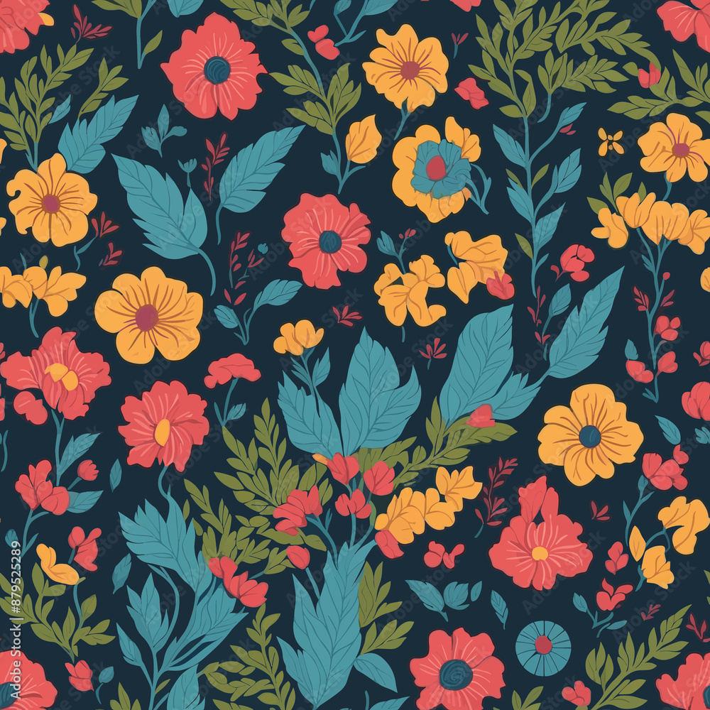Vibrant flowers in shades of red, orange, and yellow are arranged against a dark background, interspersed with green and yellow leaves. Vibrant flowers in shades of red, orange, and yellow are arranged against a dark background, interspersed with green and yellow leaves.
