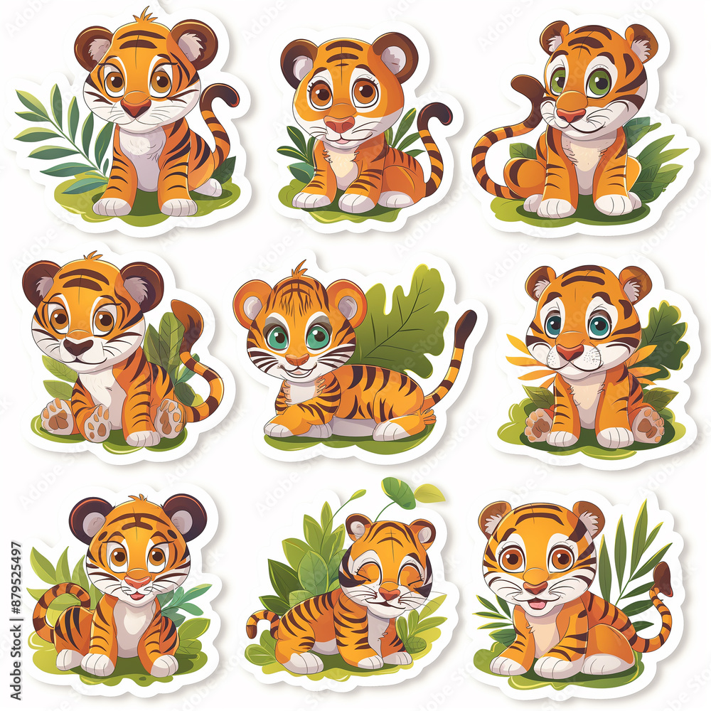 Obraz premium Asset of sticker tiger isolation over white background, Illustration