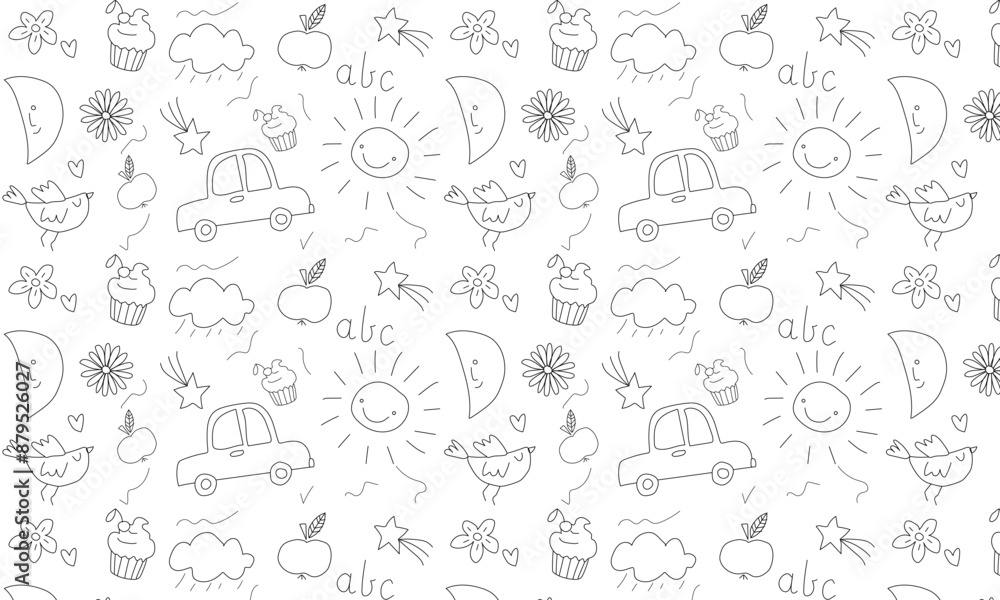 Children school, kindergarten vector doodle set. Cute daycare hand drawn flower, toy, animal elements. Childish cute preschool activity, education doodle background. Vector illustration Children school, kindergarten vector doodle set. Cute daycare hand drawn flower, toy, animal elements. Childish cute preschool activity, education doodle background. Vector illustration