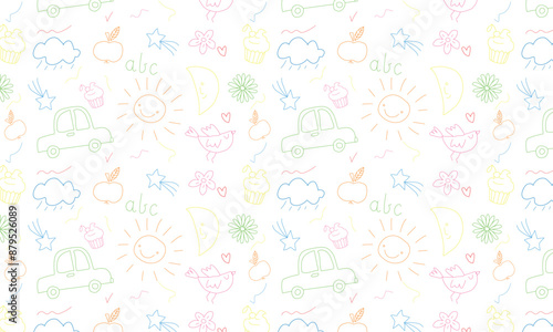 Children school, kindergarten vector doodle set. Cute daycare hand drawn flower, toy, animal elements. Childish cute preschool activity, education doodle background. Vector illustration