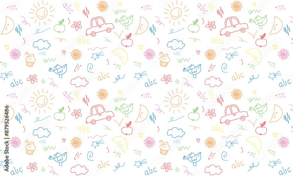Children school, kindergarten vector doodle set. Cute daycare hand drawn flower, toy, animal elements. Childish cute preschool activity, education doodle background. Vector illustration Children school, kindergarten vector doodle set. Cute daycare hand drawn flower, toy, animal elements. Childish cute preschool activity, education doodle background. Vector illustration