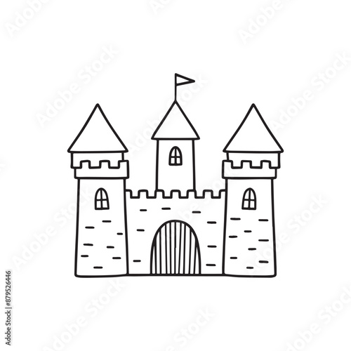 Illustration Medieval castle with stone walls doodle