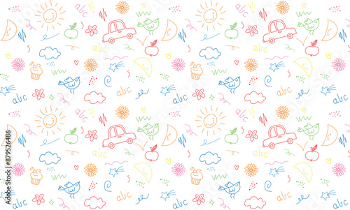 Children school, kindergarten vector doodle set. Cute daycare hand drawn flower, toy, animal elements. Childish cute preschool activity, education doodle background. Vector illustration