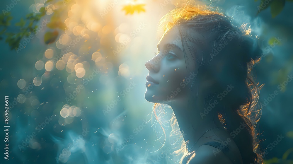 A serene young woman bathed in soft, ethereal light in a misty forest. The dreamy atmosphere emphasizes tranquility, reflection, and a deep connection with nature, perfect for themes of peace A serene young woman bathed in soft, ethereal light in a misty forest. The dreamy atmosphere emphasizes tranquility, reflection, and a deep connection with nature, perfect for themes of peace
