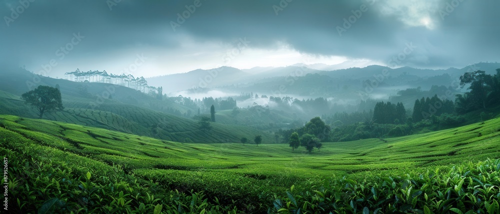 Obraz premium Early morning sun illuminating vibrant green tea fields, rolling hills and trees in the distance, soft light creating a serene atmosphere, wide-angle shot for full landscape