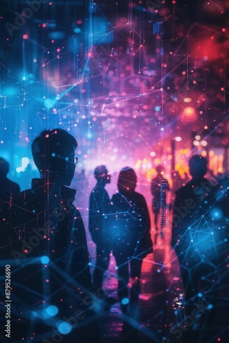 Creative abstract scene of people with digital icons, global network connections, technology and innovation theme, vibrant digital image, high detail,