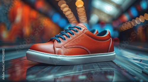 A close-up image of a brown leather sneaker, featuring detailed stitching and contrasting laces, highlighting the stylish design and craftsmanship of modern footwear. photo