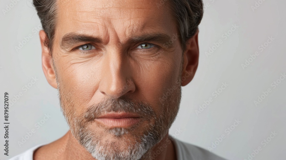 Fototapeta premium A man with grey hair and a beard looks directly at the camera. His eyes are focused and his expression is serious.