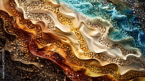 Fototapeta Naklejka Na Ścianę i Meble -  Crushed Macadamia Nut Mosaic Illustrating Neural Impulses Across Textured Surface