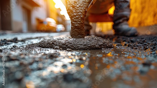 Close-up of concrete being poured onto a wet construction site, capturing the gritty, dynamic, and industrious atmosphere of construction work in progress during wet conditions. photo