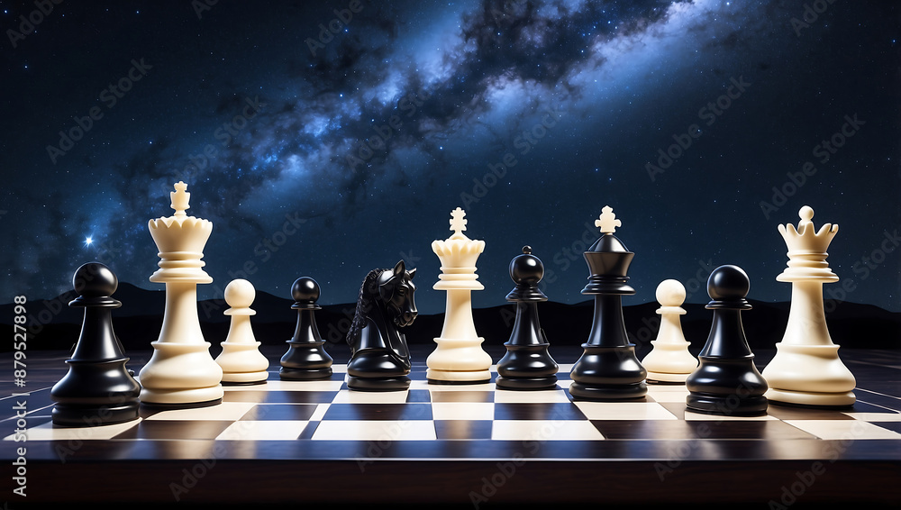 International chess day, chess pieces on a board in front of a starry night sky background International chess day, chess pieces on a board in front of a starry night sky background