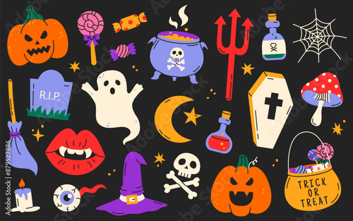 Set of cartoon halloween elements in 90s retro style. Pumpkins, ghost. witch hat, grave, poison, skull, moon, sweets etc.