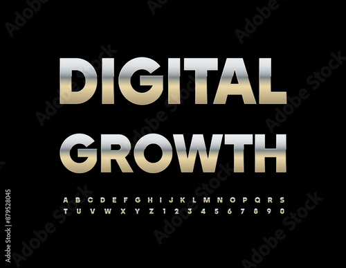 Vector modern emblem Digital Growth. Trendy Silver Font. Steel Alphabet Letters and Numbers set.