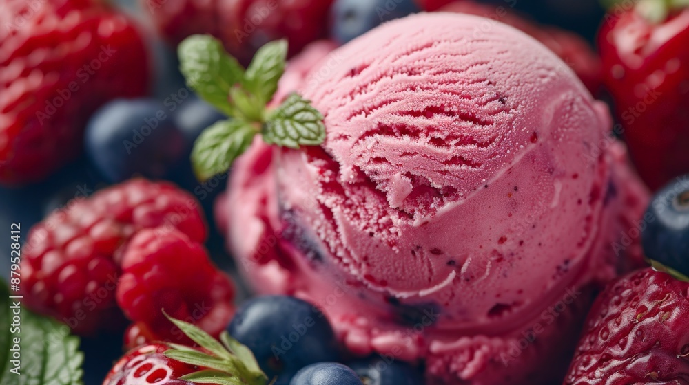 Close-up of a scoop of strawberry ice cream with fresh berries Close-up of a scoop of strawberry ice cream with fresh berries