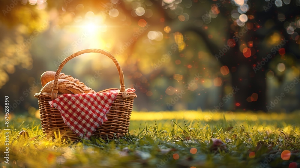 Picnic basket on grass with food and drink on blanket. Picnic lunch outdoor in a field on sunny day Picnic basket on grass with food and drink on blanket. Picnic lunch outdoor in a field on sunny day