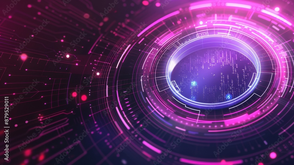 Fototapeta premium Futuristic digital interface with a vibrant neon pink and purple color scheme, featuring circular data visualizations and grid patterns.