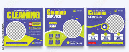 Cleaning services social media promotion: office, home, and hotel cleaning banner template design.