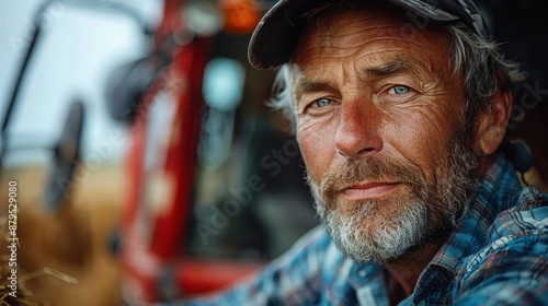 A thoughtful farmer in a blue plaid shirt sits beside a red tractor with a serious expression, reflecting the hard work and dedication involved in farming.