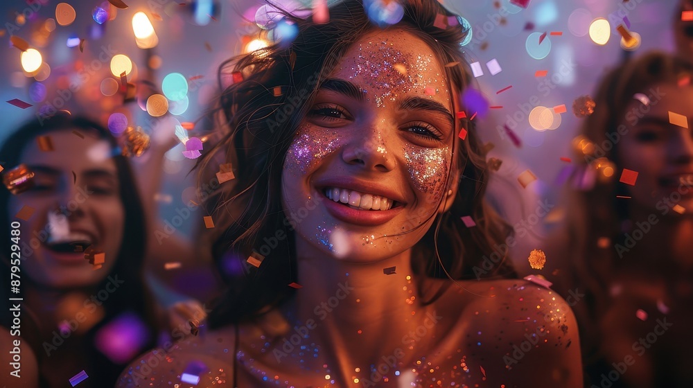 A cheerful woman, covered in glitter, beams at the camera surrounded by vibrant confetti and lights, illustrating a scene of exuberance and festivity. A cheerful woman, covered in glitter, beams at the camera surrounded by vibrant confetti and lights, illustrating a scene of exuberance and festivity.