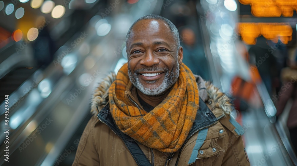 A cheerful man, dressed warmly in a cozy coat and scarf, smiles brightly at a bustling train station filled with movement, reflecting warmth and urban living. A cheerful man, dressed warmly in a cozy coat and scarf, smiles brightly at a bustling train station filled with movement, reflecting warmth and urban living.