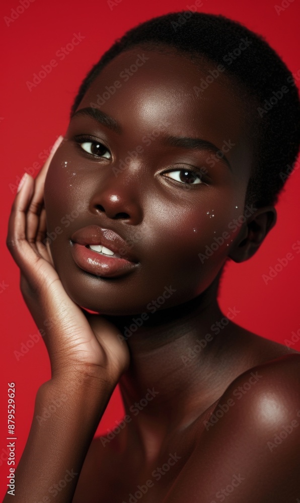 A portrait of a woman with glowing skin against a red background A portrait of a woman with glowing skin against a red background