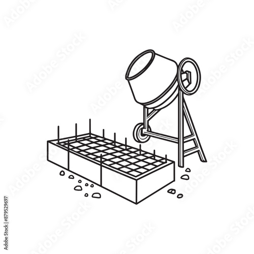 Illustration Doodle of a concrete foundation with rebar and cement mixer beside