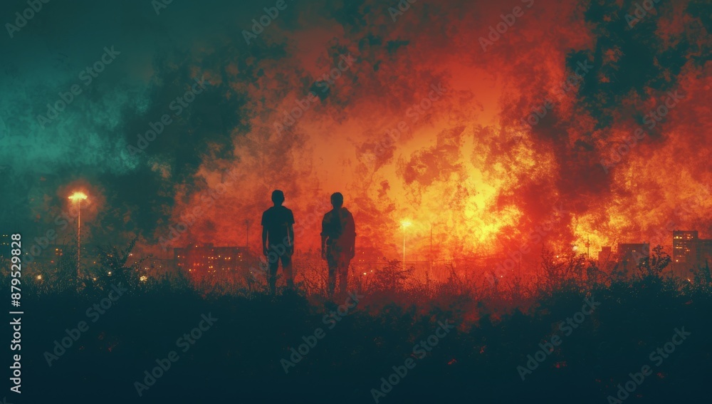 Fototapeta premium Two silhouetted figures stand in front of a dramatic, fiery sky with a cityscape backdrop, creating a surreal and intense atmosphere.