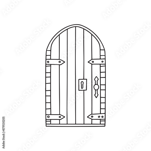 Illustration Doodle of a wooden castle door with hinges