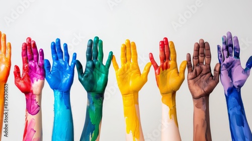 A diverse group of hands covered in vibrant, colorful paint stretches upwards against a white background, symbolizing creativity and unity.