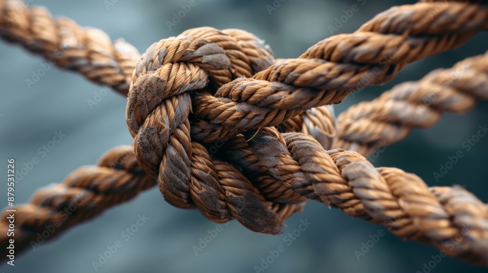 Close-up of a complex knot made with weathered, brown rope, showcasing texture and detail against a blurred blue-green background. Nautical, strength, and connection theme. Close-up of a complex knot made with weathered, brown rope, showcasing texture and detail against a blurred blue-green background. Nautical, strength, and connection theme.