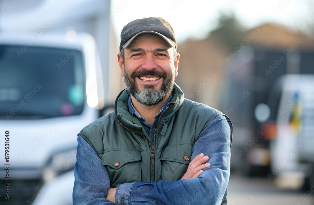 Green-vested truck driver standing proudly by a white truck. Green-vested truck driver standing proudly by a white truck.
