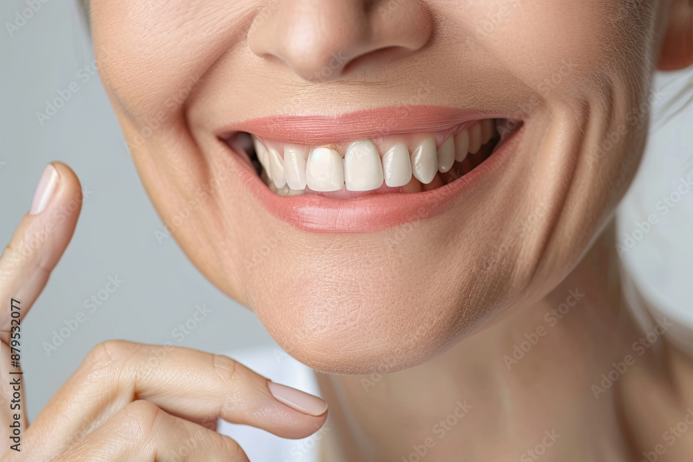 Obraz premium smiling middle aged woman pointing to corner of her mouth, copy space. Dental care. Dentistry concept.