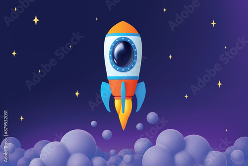 Spaceship take off 3d scene. Rocket clouds of smoke and stars. Space travel, business start up or new project, discoveries. Render vector concept
