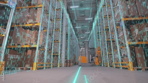 Visualization of a modern warehouse. Futuristic concept of a modern warehouse. Visualization of artificial intelligence. photo