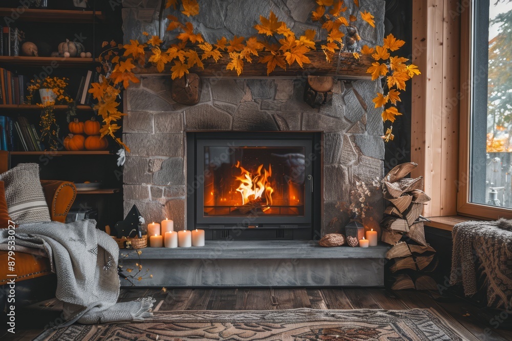 A warm and inviting living room featuring a stone fireplace with a roaring fire, surrounded by candles and autumnal decorations, creating a perfect cozy fall atmosphere. A warm and inviting living room featuring a stone fireplace with a roaring fire, surrounded by candles and autumnal decorations, creating a perfect cozy fall atmosphere.