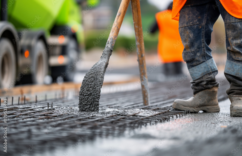 Construction Worker Spreading Concrete on Rebar
