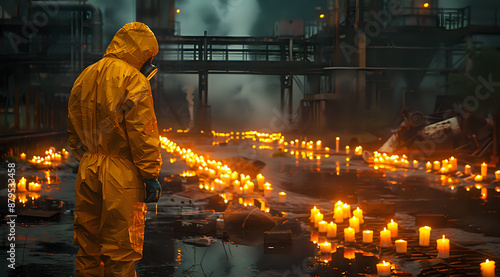 Person in a yellow hazmat suit and gas mask standing in an industrial landscape illuminated by numerous lit candles, creating a post-apocalyptic scene. Ideal for themes of environmental disaster