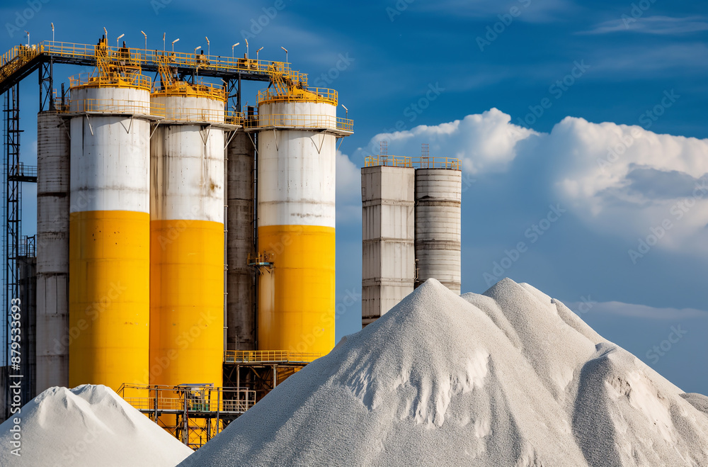 Obraz premium Industrial Facility with Large Silos and Sand Piles 