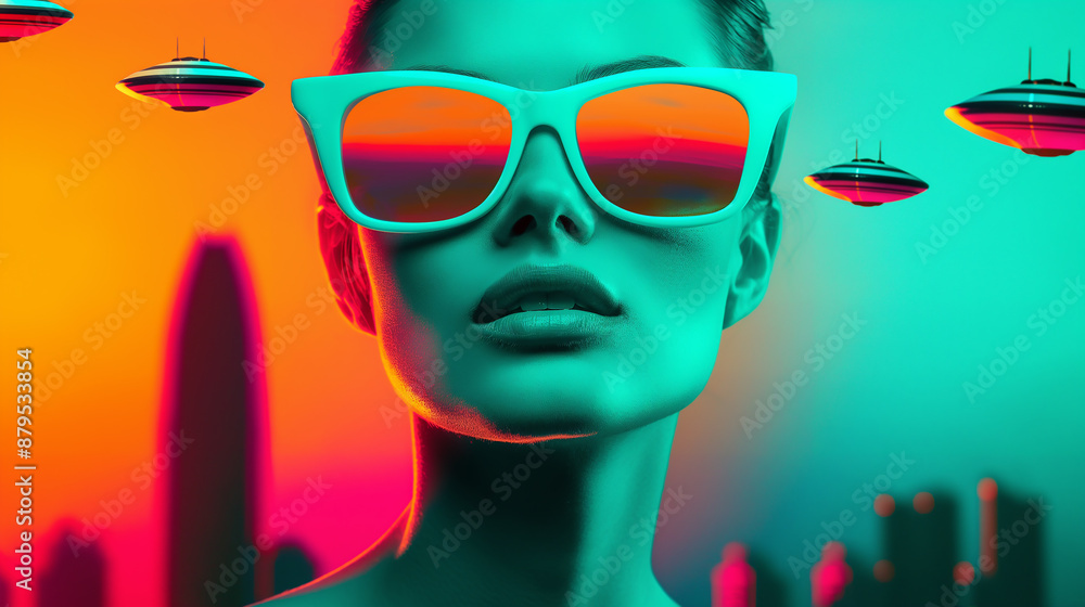 Futuristic Woman with Sunglasses and UFOs
Futuristic Woman with Sunglasses and UFOs