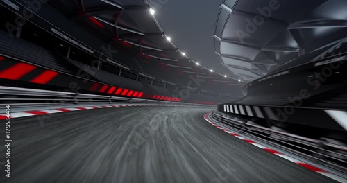 Endless fast ride on racing track and race stadium with shining spotlights. Professional 4K video loop for racing sports advertisement.
