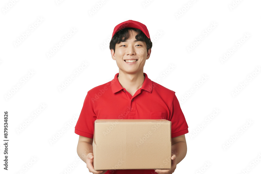 Delivery person holding a cardboard box isolated on a transparent background. Delivery person holding a cardboard box isolated on a transparent background.