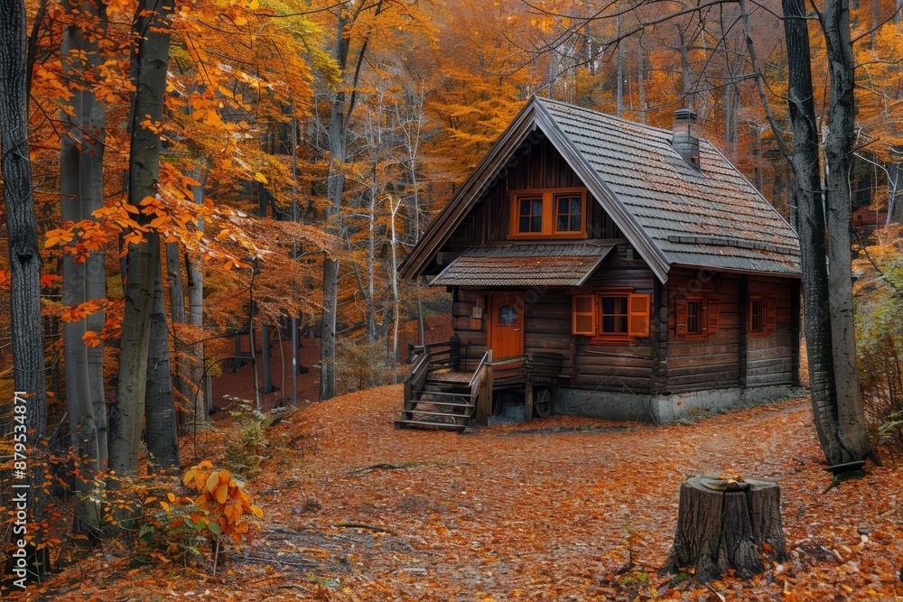 A picturesque wooden cabin nestled in a forest, surrounded by vibrant autumn foliage. The cozy cabin exudes warmth and charm, set against a backdrop of colorful fall leaves. A picturesque wooden cabin nestled in a forest, surrounded by vibrant autumn foliage. The cozy cabin exudes warmth and charm, set against a backdrop of colorful fall leaves.