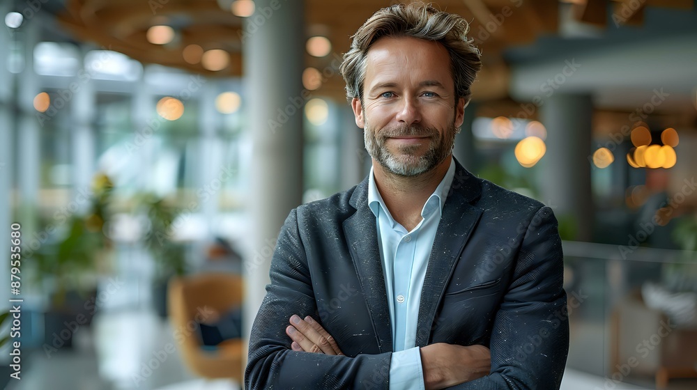 Obraz premium Confident businessman standing in a modern office environment with arms crossed. Ideal for themes of leadership, professionalism, corporate success, and executive roles.
