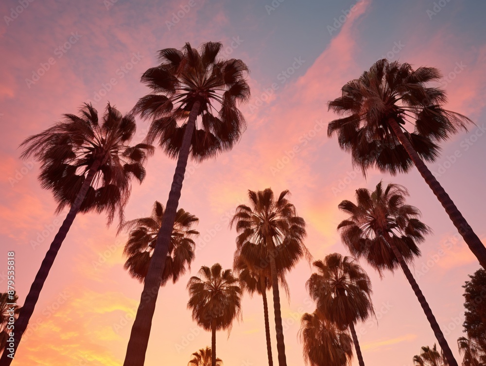 a group of palm trees with a pink and blue sky a group of palm trees with a pink and blue sky