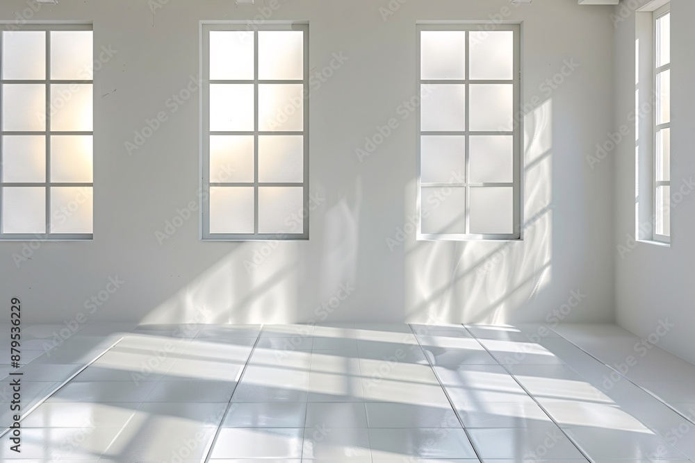 Fototapeta premium Blurred natural light windows shadow on wall paper texture, abstract background.