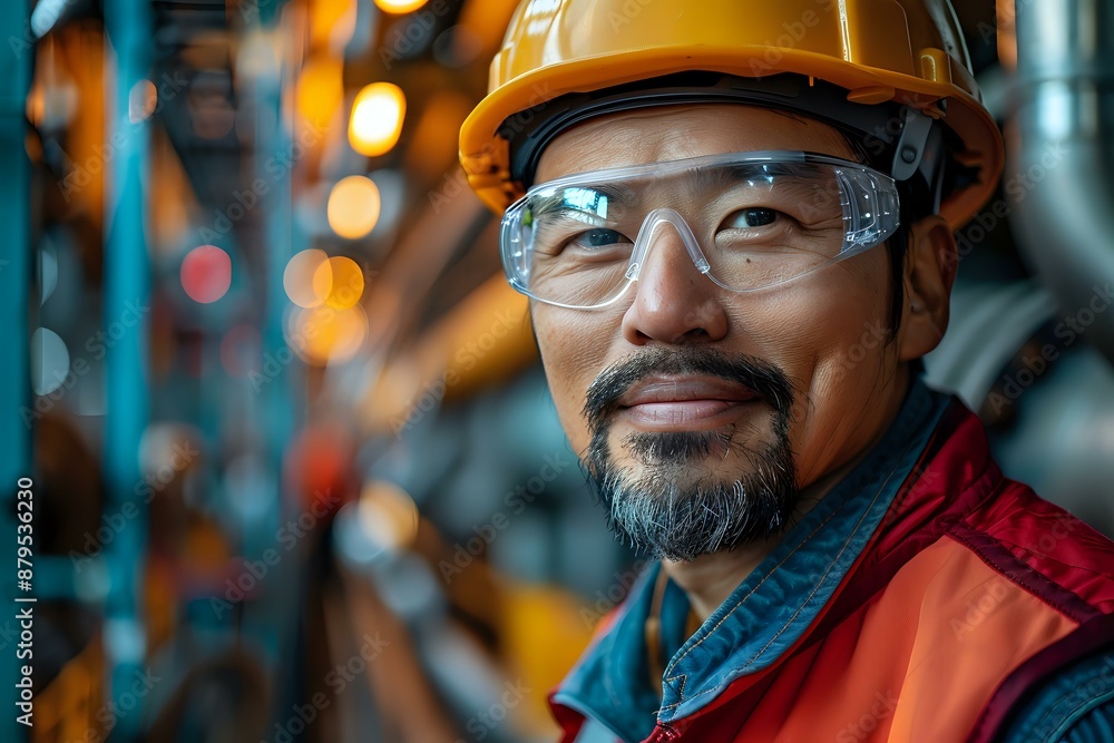 Confident industrial worker wearing safety gear and smiling in a factory setting, embodying professionalism and dedication. Perfect for themes of industry, safety, and workforce. Confident industrial worker wearing safety gear and smiling in a factory setting, embodying professionalism and dedication. Perfect for themes of industry, safety, and workforce.
